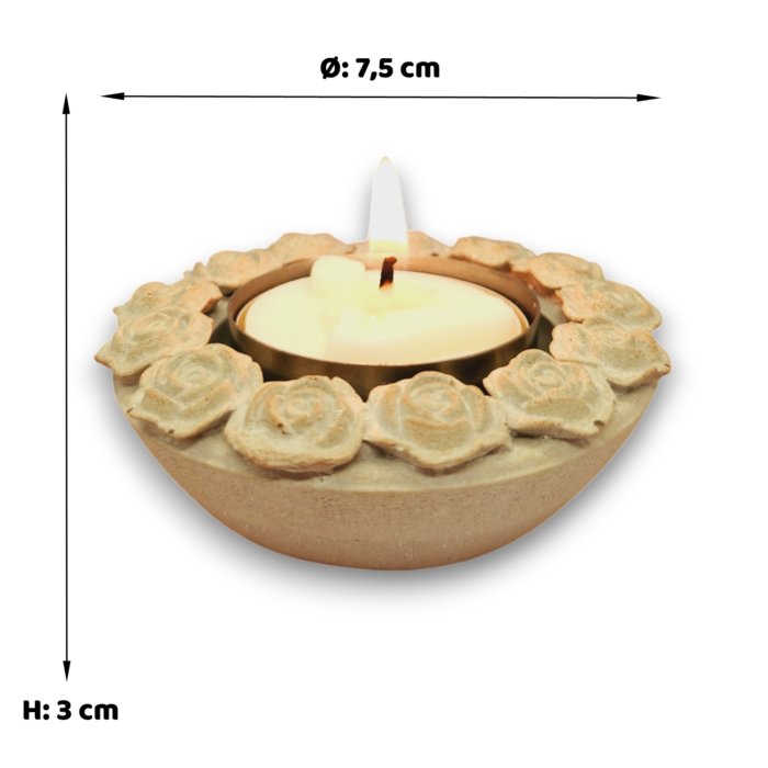 runder Teelichthalter verziert mit Rosen aus Beton