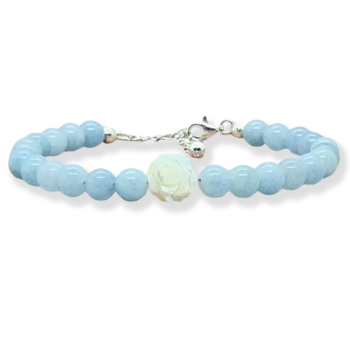 Aquamarin Perlenarmband mit Perlmuttrose aus Edelstein in Makramee